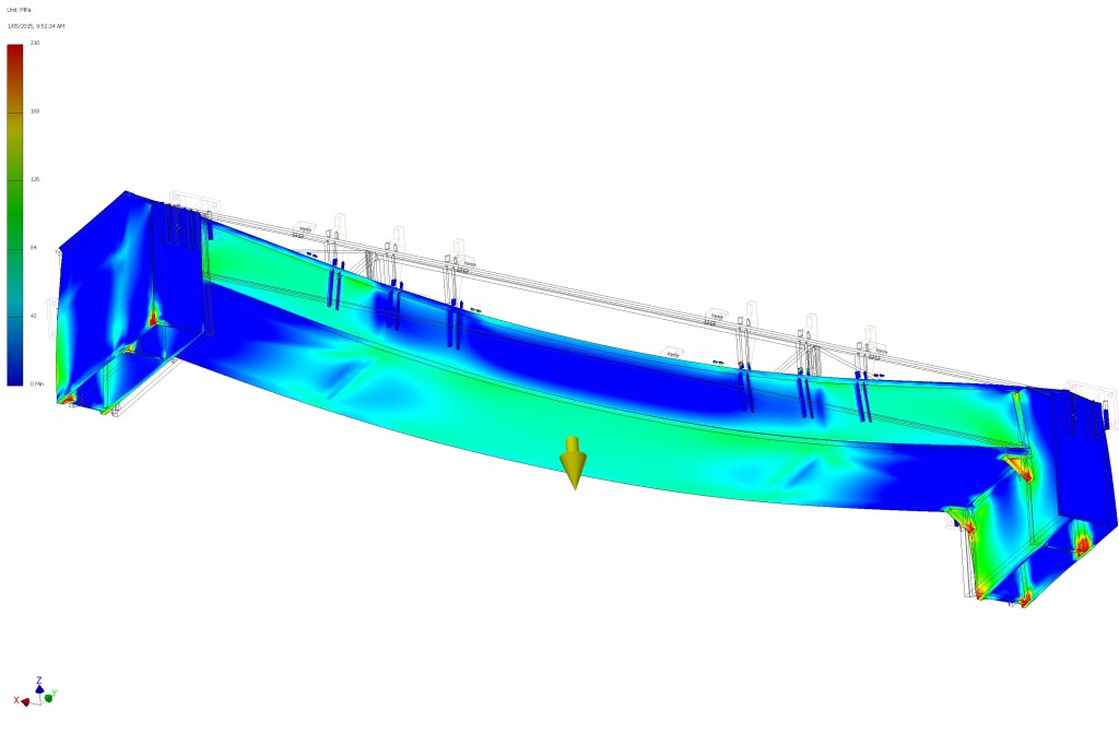 Assembly Cradle Box15 (welding added) (Bottom Plate fillet 12mm) Load Analysis 1500mm space - Bottom View Max 210MPa_c